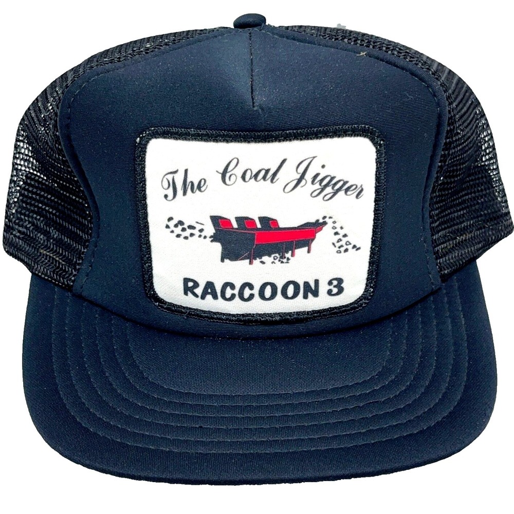 Vintage Coal Mining Trucker Hat Cap Snap Back‎ Patch 90s Black Jigger Raccoon